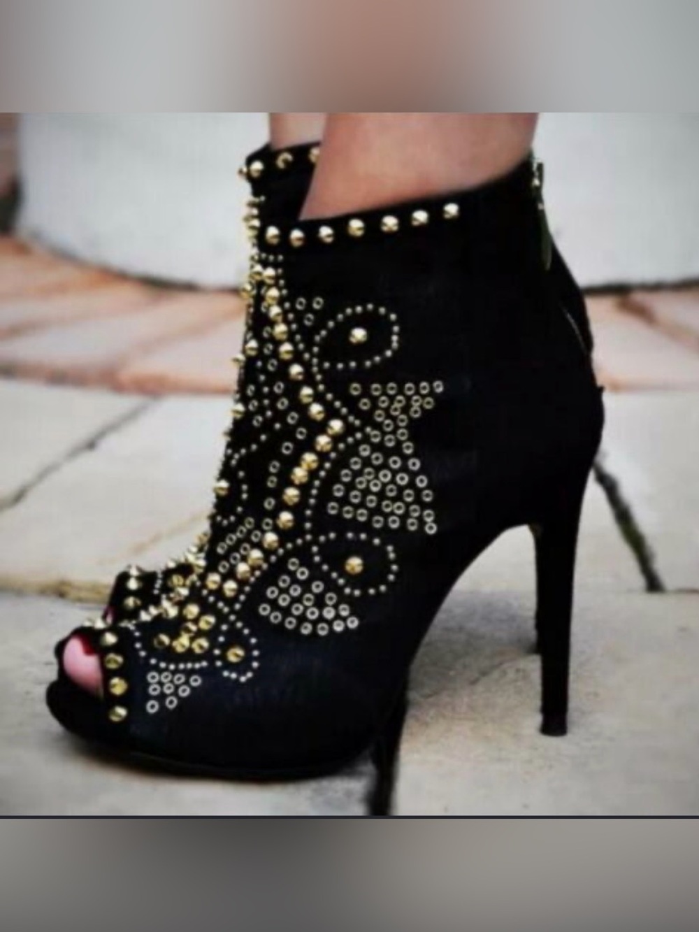 Zara Black Peep-Toe Studded Stiletto Ankle Boots with Gold Accents
